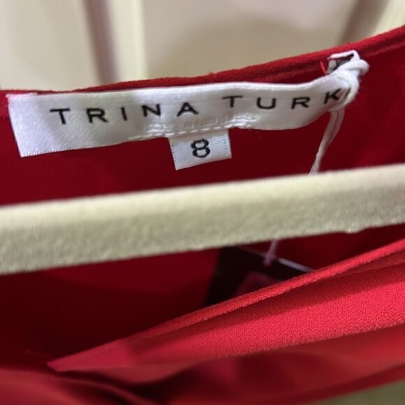 NWT Trina Turk Women’s 8 Red Midi Bijou Dress with Gathered Cap Sleeves & Front - Picture 8 of 16